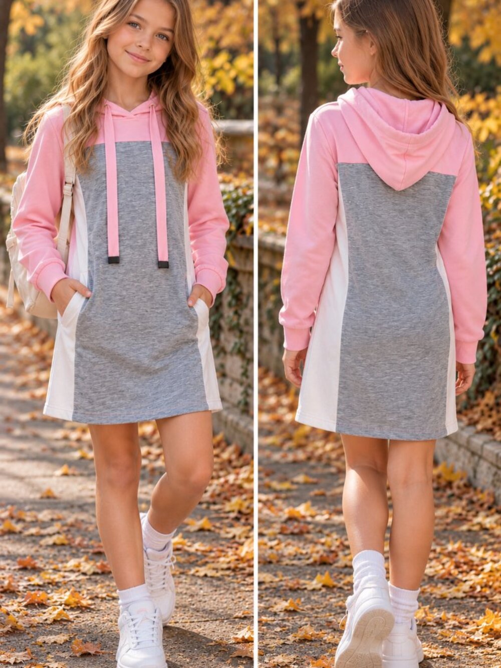 No Boundaries Girls Hooded Colorblock Dress Pink Gray White Long Sleeve Size M